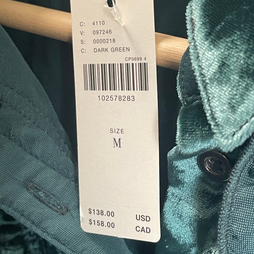 NEW Pilcro Anthropologie Womens Medium Dark Green Velvet Ruffle Button Up Shirt - Picture 4 of 10